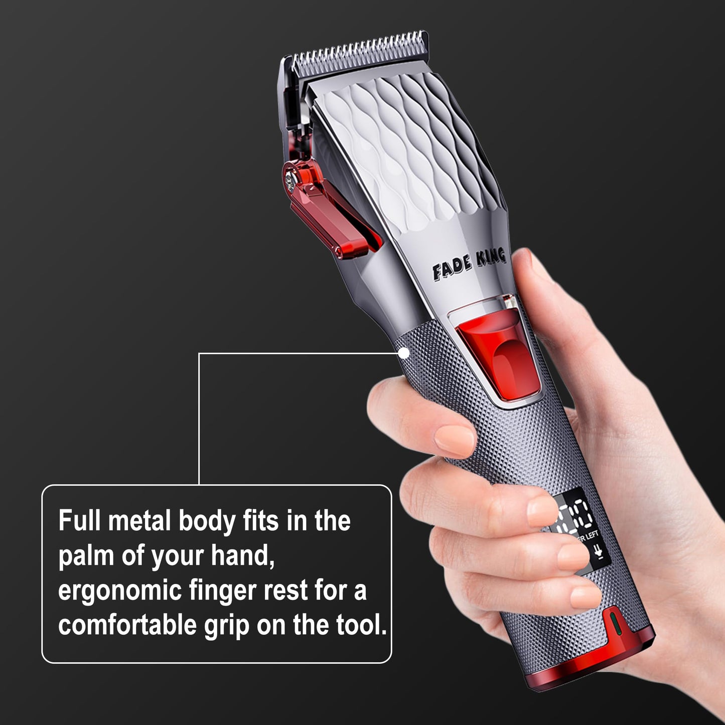 FADEKING Professional Hair Clippers for Men - Cordless Barber Clippers for Hair Cutting, Rechargeable Hair Beard Trimmer with LED Display & Quality Travel Storage Case (Red+Silver)