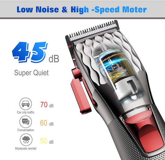 FADEKING Professional Hair Clippers for Men - Cordless Barber Clippers for Hair Cutting, Rechargeable Hair Beard Trimmer with LED Display & Quality Travel Storage Case (Red+Silver)