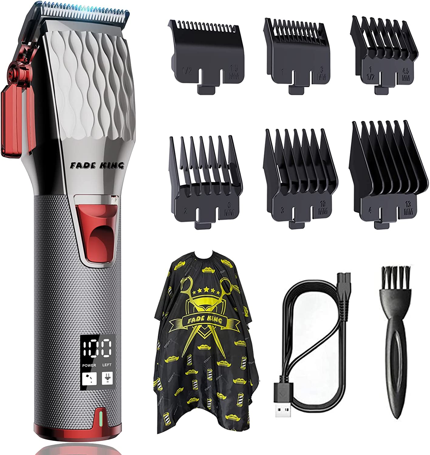 FADEKING Professional Hair Clippers for Men - Cordless Barber Clippers for Hair Cutting, Rechargeable Hair Beard Trimmer with LED Display & Quality Travel Storage Case (Red+Silver)