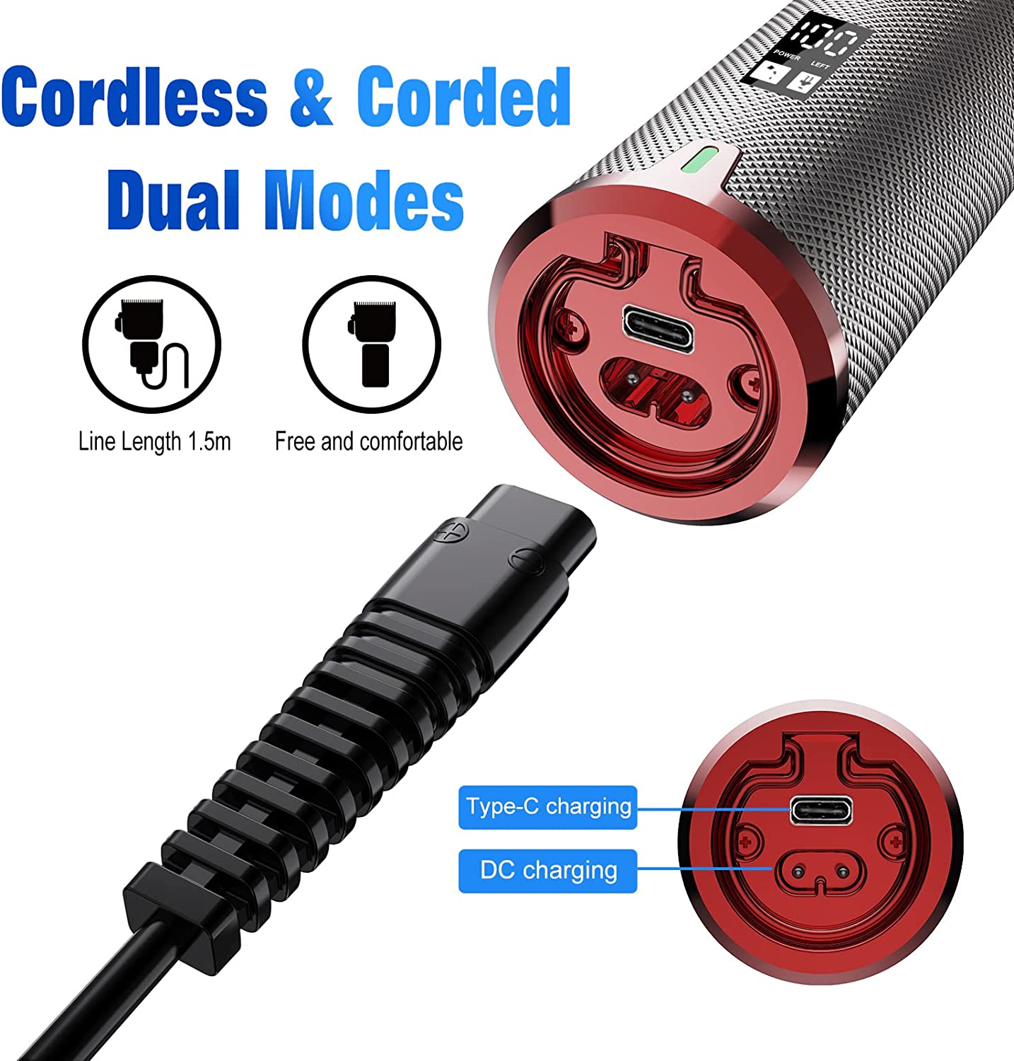 FADEKING Professional Hair Clippers for Men - Cordless Barber Clippers for Hair Cutting, Rechargeable Hair Beard Trimmer with LED Display & Quality Travel Storage Case (Red+Silver)