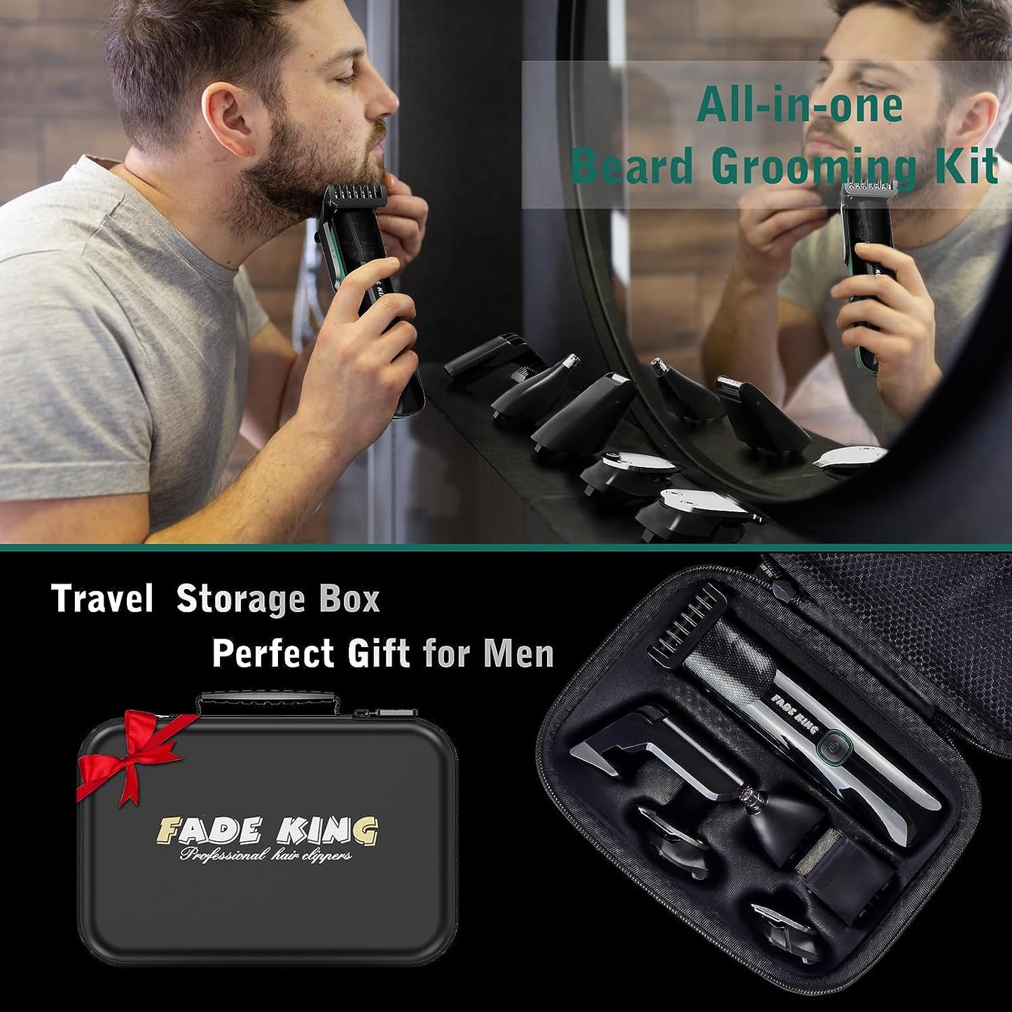 FadeKing All-in-One Beard Trimmer Set - Waterproof Men's Grooming Kit with 20 Length Settings, Adjustable Blade Wheel, and Travel Case for Perfect Beard, Face, Nose, and Ear Trimming - Ideal Gift for Him
