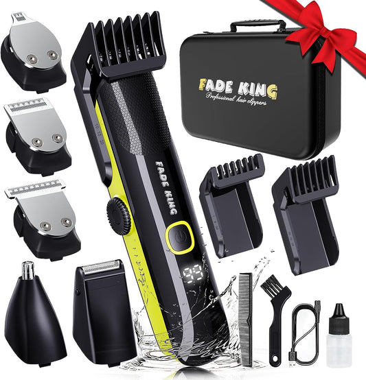 FadeKing All-in-One Beard Trimmer and Hair Clippers Set -20 Length Adjustable Blade Wheel, IPX7 Waterproof, Men's Grooming Kit for Perfect Beard, Face, Nose, Ear and Hair Trimming, Cordless with Travel Case - Ideal Gift for Men