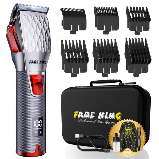FADEKING Professional Hair Clippers for Men - Cordless Barber Clippers for Hair Cutting, Rechargeable Hair Beard Trimmer with LED Display & Quality Travel Storage Case (Red+Silver)