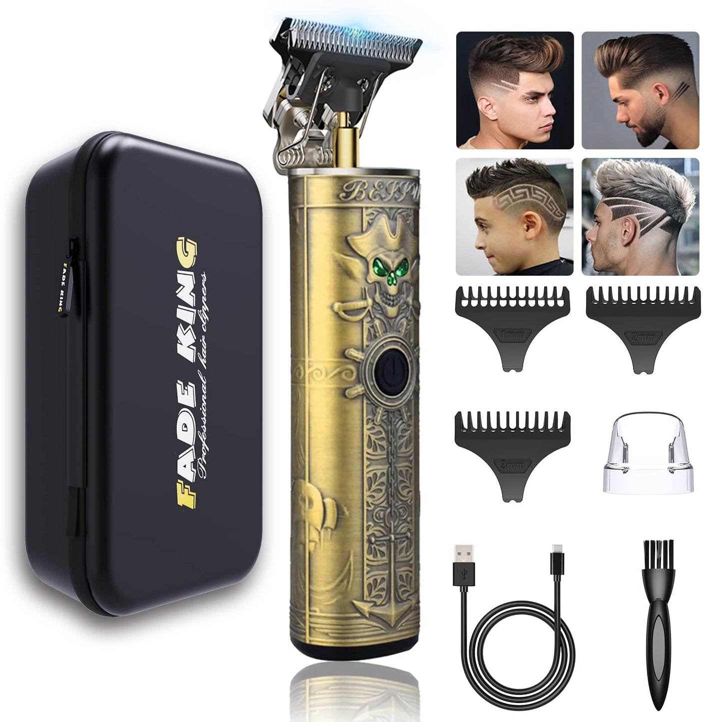 FADEKING Beard Trimmer for Men, Zero Gapped Trimmer for Men T-Blade Trimmer Cordless Rechargeable Edgers Clippers Haircut & Grooming Kit with Travel Storage Case (Green Bronze)