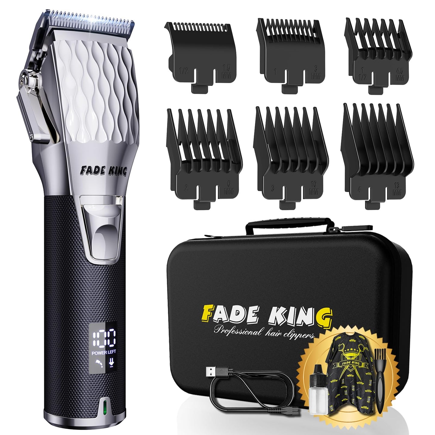 FADEKING Professional Hair Clippers for Men - Cordless Barber Clippers for Hair Cutting, Rechargeable Hair Beard Trimmer with LED Display & Quality Travel Storage Case (Silver Black)