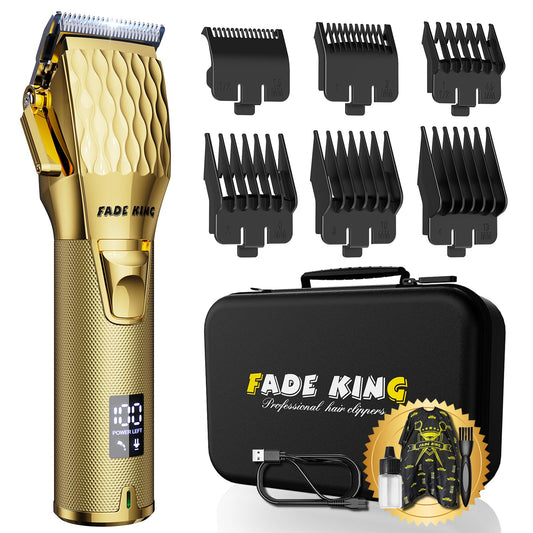 FADEKING Professional Hair Clippers for Men - Commercial Cordless Barber Clippers for Hair Cutting, Rechargeable Hair Beard Trimmer with LED Display & Quality Travel Storage Case (Gold)