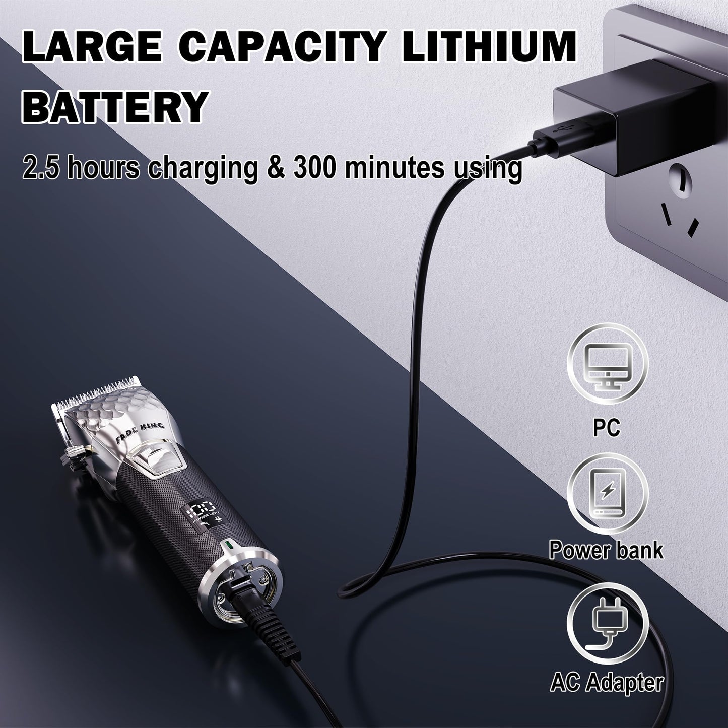 FADEKING Professional Hair Clippers for Men - Cordless Barber Clippers for Hair Cutting, Rechargeable Hair Beard Trimmer with LED Display & Quality Travel Storage Case (Silver Black)