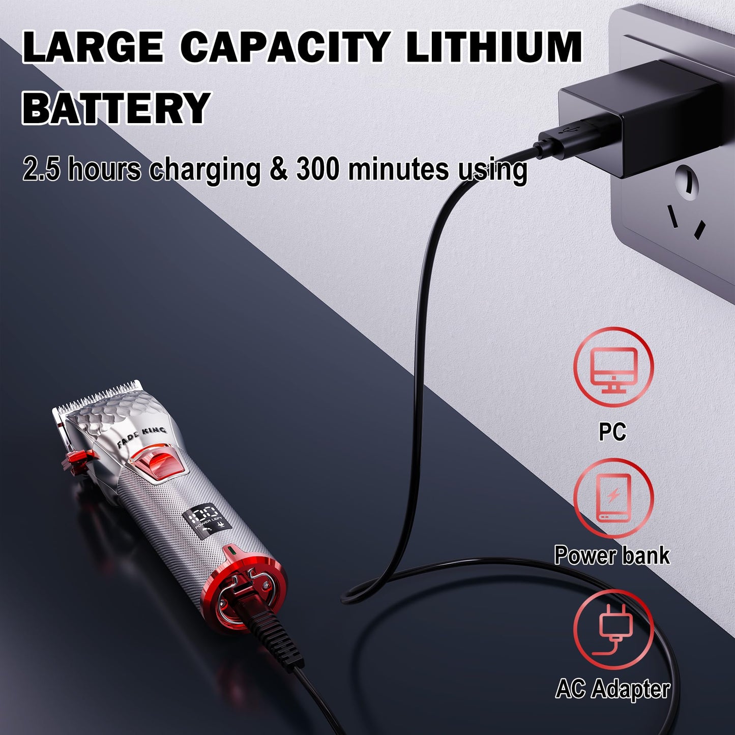 FADEKING Professional Hair Clippers for Men - Cordless Barber Clippers for Hair Cutting, Rechargeable Hair Beard Trimmer with LED Display & Quality Travel Storage Case (Red+Silver)