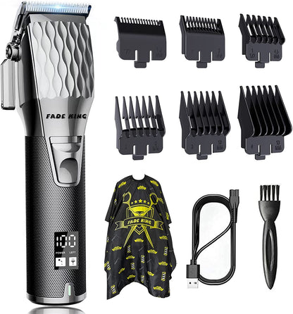 FADEKING Professional Hair Clippers for Men - Best Men's electric hair clippers, Rechargeable Hair Beard Trimmer with LED Display & Quality Travel Storage Case (Silver)